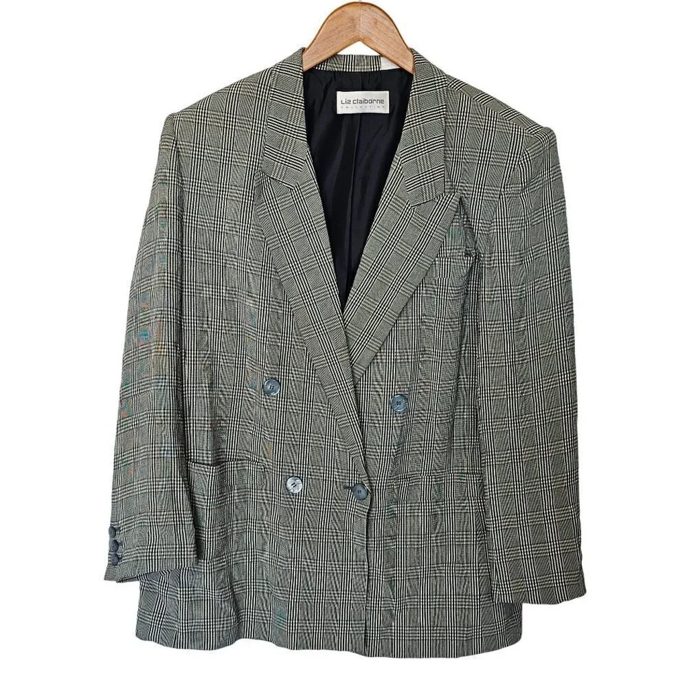 Liz Claiborne Vintage Oversized Classic‎ Doubled Breasted Blazer Plaid Women's 8